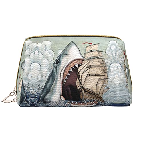 ASEELO Leder-Make-up-Tasche mit niedlichem Halloween-Muster, Reise-Kosmetiktasche, Make-up-Tasche, Leder, tragbar, vielseitig einsetzbar, mit Reißverschluss für Frauen, Cartoon-Hai frisst Schiff im Ozeanmeer, Einheitsgröße von ASEELO