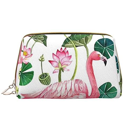 ASEELO Leder-Make-up-Tasche mit niedlichem Halloween-Muster, Reise-Kosmetiktasche, Make-up-Tasche, Leder, tragbar, vielseitig einsetzbar, mit Reißverschluss für Frauen, Flamingo Vogel Runde Blätter, Einheitsgröße von ASEELO