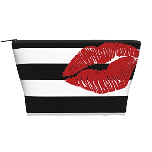 ASEELO Lippen bedruckt in schwarz und weiß gestreift Make-up-Tasche Damen Kosmetiktasche Kosmetiktasche Reise Kosmetiktasche Trapez Make-up Tasche, Schwarz, Einheitsgröße von ASEELO