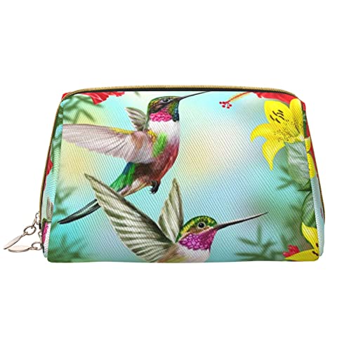 ASEELO Make-up-Tasche, Kolibri, rote Blume, Hibiskusleder, Reise-Kosmetiktasche, Make-up-Tasche, Leder, tragbar, vielseitige Reißverschlusstasche für Damen, Kolibri, rote Blume, Hibiskus, Einheitsgröße von ASEELO