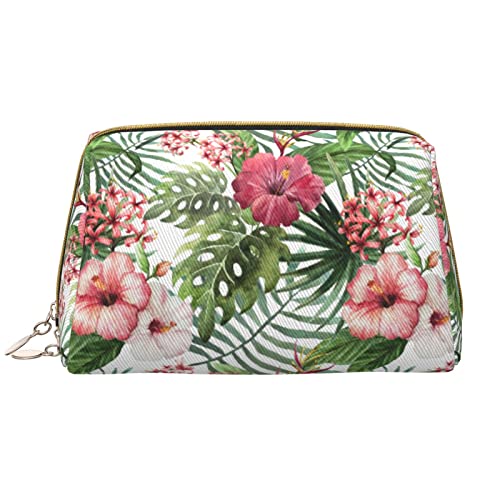 ASEELO Make-up-Tasche, Leder, Pfauen-Blumenmuster, Reise-Kosmetiktasche, Make-up-Tasche, Leder, tragbar, vielseitig einsetzbar, mit Reißverschluss für Damen, Tropische Blätter, Einheitsgröße von ASEELO