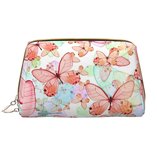 ASEELO Make-up-Tasche, Leder, Reise-Kosmetiktasche, Make-up-Tasche, Leder, tragbar, vielseitig, mit Reißverschluss für Damen, Pink Butterfly, Einheitsgröße von ASEELO