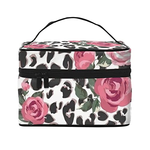 ASEELO Niedliche rosa Rose Mix Leopard Muster Make-up Tasche Make-up Taschen für Frauen Reise Kosmetiktasche Tragbare Kosmetiktasche Damen Alltagsbedarf Aufbewahrungstasche, Schwarz, Einheitsgröße von ASEELO