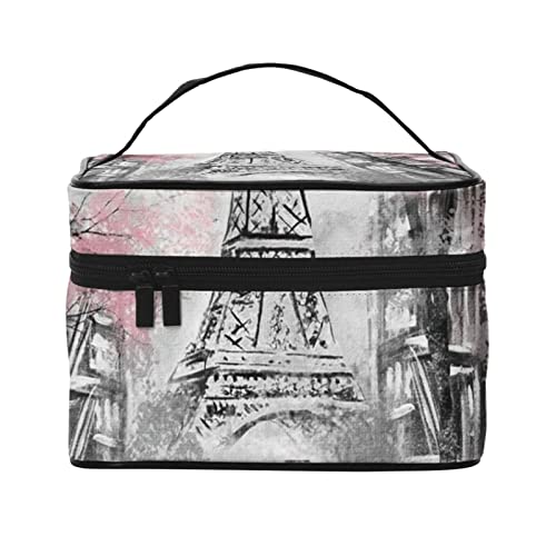 ASEELO Paris Street Eiffelturm Rosa Floral Make-up Tasche Make-up Taschen für Frauen Reise Kosmetiktasche Tragbare Kosmetiktasche Damen Alltagsbedarf Aufbewahrungstasche, Schwarz, Einheitsgröße von ASEELO