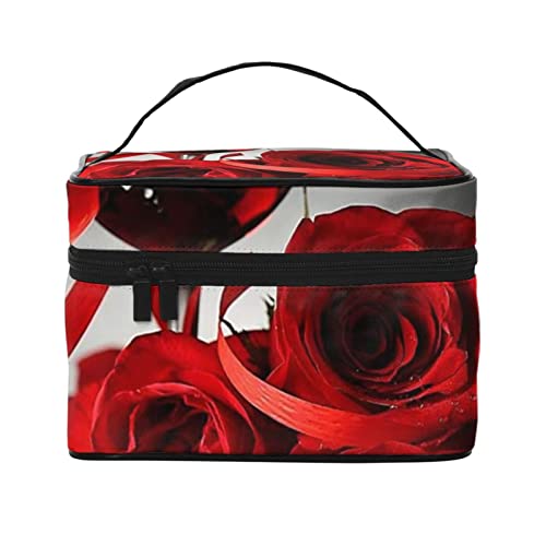 ASEELO Rotwein Rose und Kerze Make-up Tasche Make-up Taschen für Frauen Reise Kosmetiktasche Tragbare Kosmetiktasche Damen Alltagsbedarf Aufbewahrungstasche, Schwarz, Einheitsgröße von ASEELO