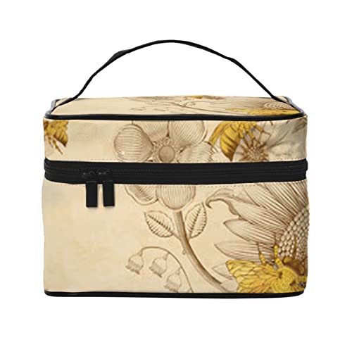 ASEELO Rural Honey Bees Wildflowers Make-up Tasche Make-up Taschen für Frauen Reise Kosmetiktasche Tragbare Kosmetiktasche Damen Alltagsbedarf Aufbewahrungstasche, Schwarz, Einheitsgröße von ASEELO