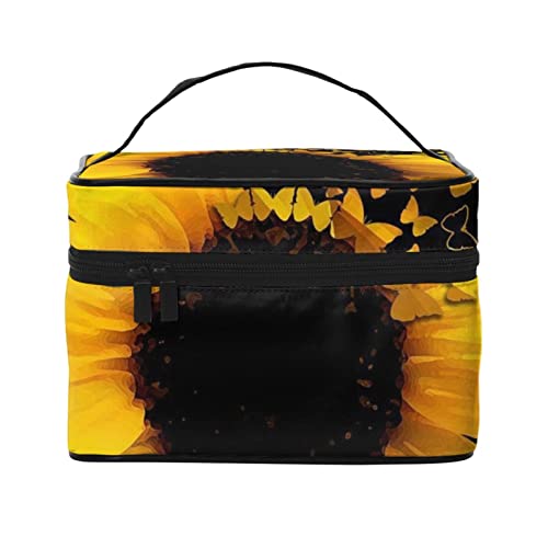 ASEELO Schmetterling und Sonnenblume Make-up Tasche Make-up Taschen für Frauen Reise Kosmetiktasche Tragbare Kosmetiktasche Damen Alltagsbedarf Aufbewahrungstasche, Schwarz, Einheitsgröße von ASEELO