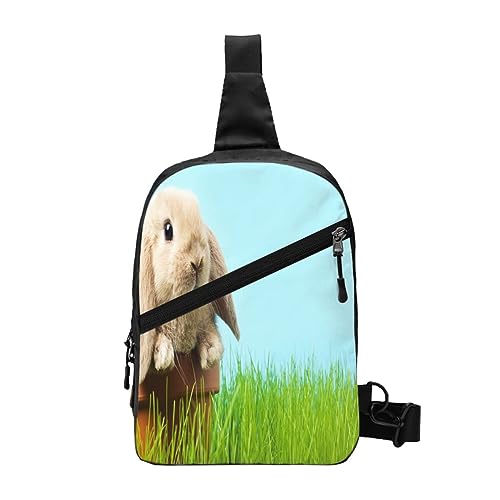 ASEELO Sling Rucksack Brusttasche Boho Elefant Anti Diebstahl Crossbody Schulter Pack Daypack Outdoor Sport Reisen Wandern für Männer Frauen, Hase auf grünem Gras, Chest package von ASEELO