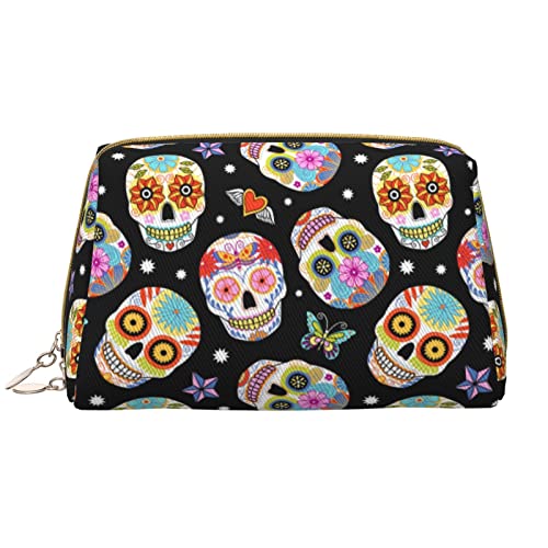 ASEELO Sugar Skulls Leder Make-up-Tasche, Reise-Kosmetiktasche, Make-up-Tasche, Leder, tragbar, vielseitige Reißverschlusstasche für Frauen, Sugar Skulls, Einheitsgröße von ASEELO