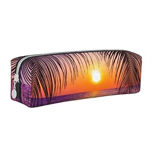 ASEELO Sunset Ocean With Tropical Palm Trees Twilight Scenery Bedrucktes Leder Federmäppchen, Reißverschluss Federmäppchen, tragbare Schreibwarentasche, kleine Kosmetiktasche von ASEELO