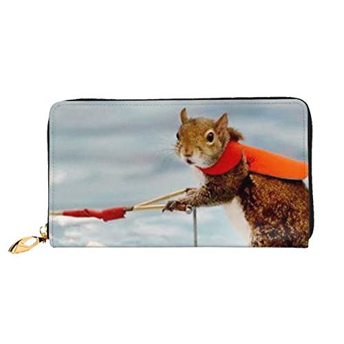 ASEELO Wasserski Fuchs Eichhörnchen Geldbörsen Herren Leder Geldbörsen Lange Clutch Geldbörsen Geschenke für Väter, Ehemänner, Freunde, Schwarz, Einheitsgröße von ASEELO