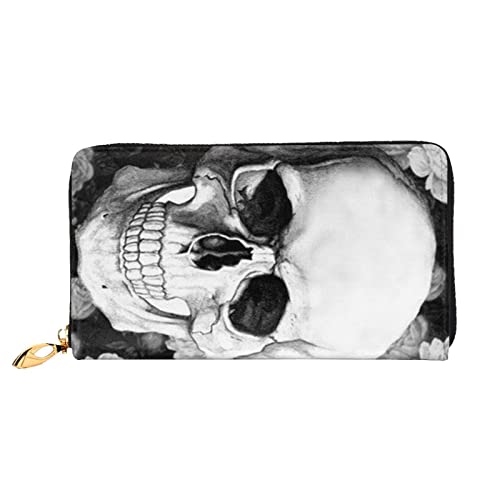 ASEELO Weiße Blumen und Totenkopf-Geldbörsen, Herren-Ledergeldbörsen, lange Clutch-Geldbörsen, Geschenke für Väter, Ehemänner, Freunde, Schwarz, Einheitsgröße von ASEELO