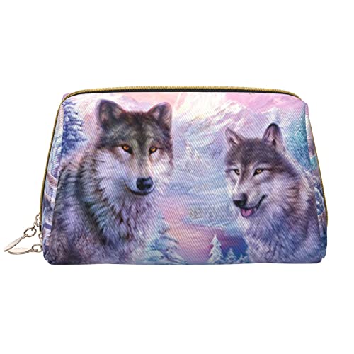 ASEELO Winter Wolf Familie Leder Make-up-Tasche, Reise-Kosmetiktasche, Make-up-Tasche, Leder, tragbar, vielseitige Reißverschlusstasche für Damen, Winterwolf-Familie, Einheitsgröße von ASEELO