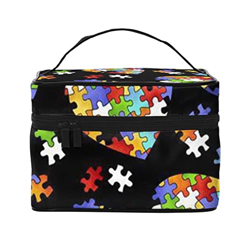 Autismus Bewusstsein Puzzleteile Herz Make-up Tasche Make-up Taschen für Frauen Reise Kosmetiktasche Tragbare Kosmetiktasche Damen Täglich Notwendigkeiten Aufbewahrungstasche, Schwarz, Einheitsgröße von ASEELO