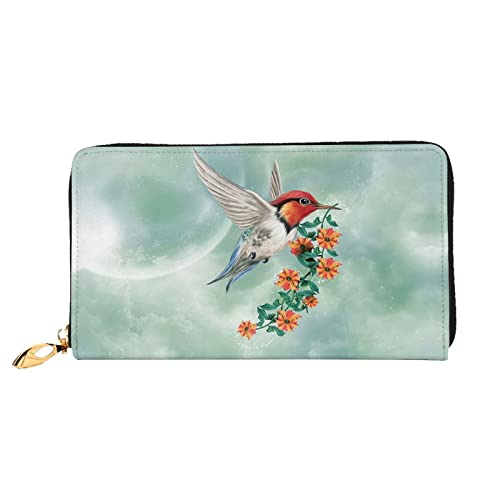 Damen-Geldbörse, Pfauen-Blumenmuster, Leder, groß, mit Reißverschluss, Kartenhalter, Organizer, Damen-Reise-Clutch, Kolibri fliegt mit Blütenzweig, Einheitsgröße von ASEELO