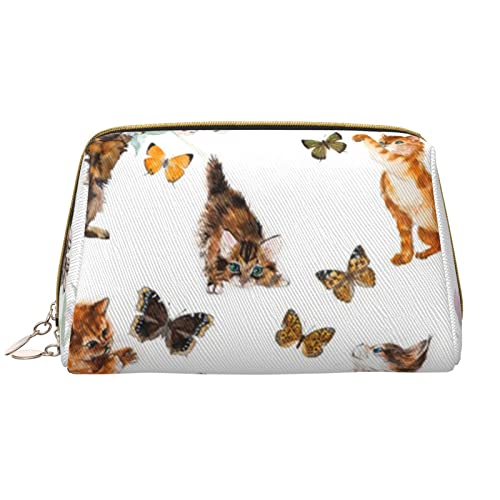 Delphins Damen Leder Kosmetiktasche Handtasche Niedlich Kulturbeutel Organizer Reise Make Up Tasche, Niedlicher Kätzchen-Schmetterling, Einheitsgröße von ASEELO