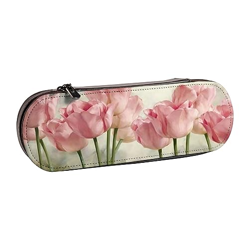 Federmäppchen aus Leder, Motiv: Totenkopf, Schreibwaren, Make-up-Tasche, tragbar, für Teenager, Mädchen, Erwachsene, Rosa Tulpen, Leather Pencil Case, Beauty Case von ASEELO