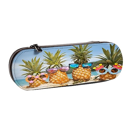 Federmäppchen aus Leder, Motiv: gelbe Sonnenblume, Blumenmuster, Schreibwaren, Make-up-Tasche, tragbare Büro-Schreibwarentasche für Teenager, Mädchen, Erwachsene, Ananas Fruit Sonnenbrille Sand Beach, von ASEELO