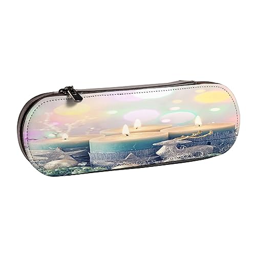 Federmäppchen aus Leder, Muschel-Landschaft am Strand, Schreibwaren, Bleistifttasche, Make-up-Tasche, tragbare Büro-Schreibwarentasche für Teenager, Mädchen, Erwachsene, Kerze mit Aufschrift "Merry von ASEELO