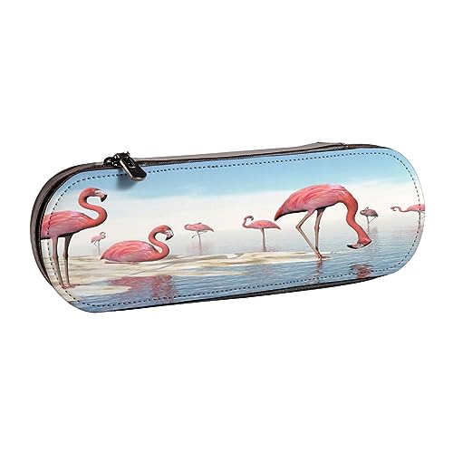 Federmäppchen aus Leder, Pfauenfedern, Elefant, Schreibwaren, Federmäppchen, Make-up-Tasche, tragbare Büro-Schreibwarentasche für Teenager, Mädchen, Erwachsene, Flock of Pink Flamingos on the Beach, von ASEELO