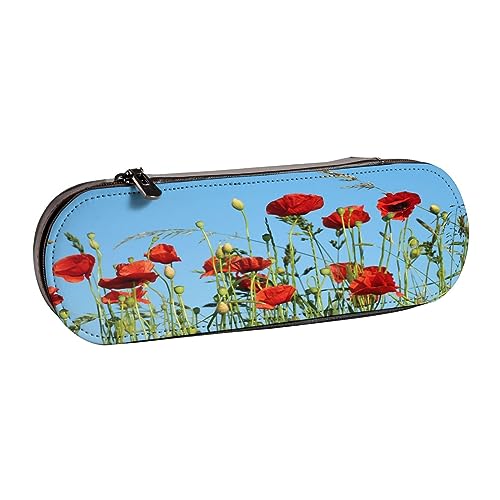 Federmäppchen aus Leder, romantisch, Strand, Schreibwaren, Make-up-Tasche, tragbar, für Teenager, Mädchen, Erwachsene, Mohnblumen auf blauem Himmel, Leather Pencil Case, Beauty Case von ASEELO