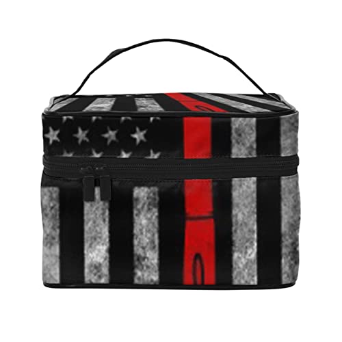 Feuerwehrmann Axt Red Line Flagge Make-up-Tasche Make-up-Taschen für Frauen Reise Kosmetiktasche Tragbare Kosmetiktasche Damen Alltagsbedarf Aufbewahrungstasche, Schwarz, Einheitsgröße von ASEELO