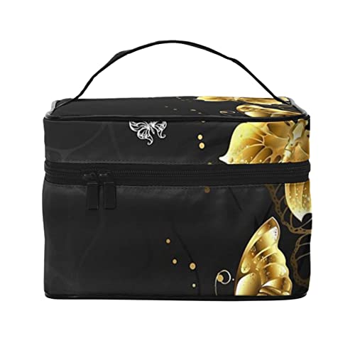 Gold Weiß Schmetterlinge Schwarz Make-up Tasche Make-up Taschen für Frauen Reise Kosmetiktasche Tragbare Kosmetiktasche Damen Alltagsbedarf Aufbewahrungstasche, Schwarz, Einheitsgröße von ASEELO