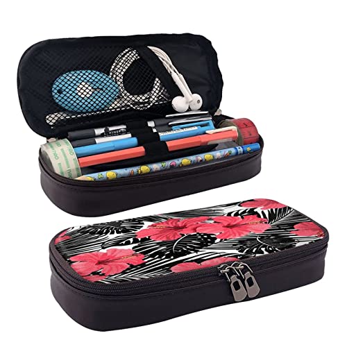 Große Kapazität Leder Federmäppchen Blau Musiknoten Schreibwaren Bleistift Tasche Make-up Tasche Tragbare Büro Schreibwaren Tasche für Teens Mädchen Erwachsene, Roter Hibiskus, Leather pencil case, Kosmetikkoffer von ASEELO