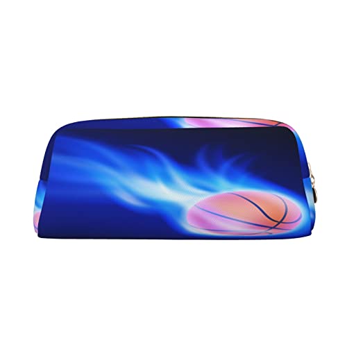 Große Kapazität Leder Federmäppchen Bunt Tie Dye Schreibwaren Bleistift Tasche Make-up Tasche Tragbare Büro Schreibwaren Tasche für Teenager Mädchen Erwachsene, Blue Fire Basketball Ball, Pencil Bag, Kosmetikkoffer von ASEELO