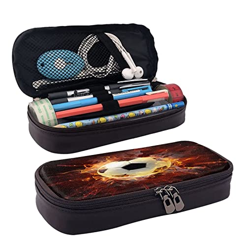 Große Kapazität Leder Federmäppchen Gänseblümchen Schreibwaren Federtasche Make-up Tasche Tragbare Büro Schreibwaren Tasche für Teenager Mädchen Erwachsene, Fire Soccer, Leather pencil case, Kosmetikkoffer von ASEELO