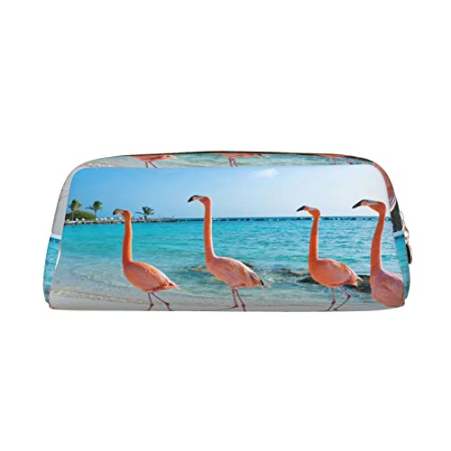 Große Kapazität Leder Federmäppchen Niedliche Gans Schreibwaren Federtasche Make-up Tasche Tragbare Büro Schreibwaren Tasche für Teenager Mädchen Erwachsene, Rosa Flamingo am Strand, Pencil Bag, Kosmetikkoffer von ASEELO