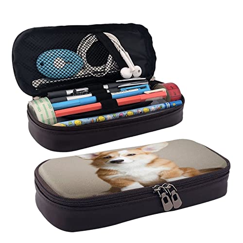 Große Kapazität Leder Federmäppchen Rustikale Felsen Ziegel Wand Schreibwaren Bleistift Tasche Make-up Tasche Tragbare Büro Schreibwaren Tasche für Teens Mädchen Erwachsene, Corgi Dog-Beige, Leather pencil case, Kosmetikkoffer von ASEELO