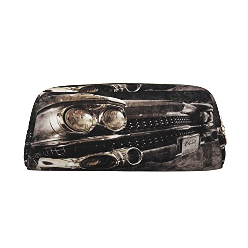 Große Kapazität Leder Federmäppchen Schwarz und Weiß Baum Schreibwaren Bleistift Tasche Make-up Tasche Tragbare Büro Schreibwaren Tasche für Teens Mädchen Erwachsene, American Car in braun, Pencil Bag, Kosmetikkoffer von ASEELO