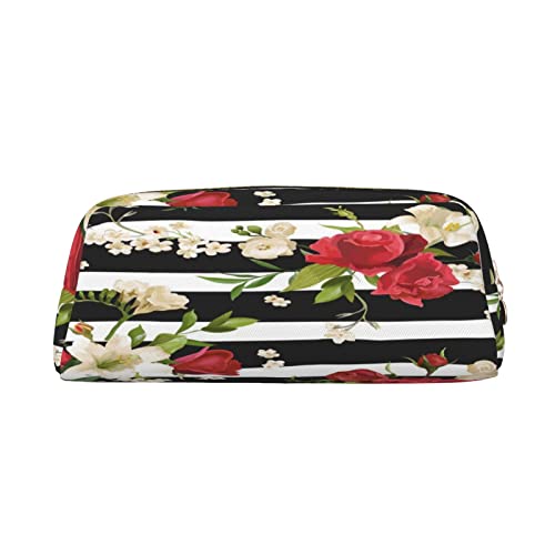 Große Kapazität Leder Federmäppchen Sonnenblume Feld Sonnenuntergang Schreibwaren Bleistift Tasche Make-up Tasche Tragbare Büro Schreibwaren Tasche für Teens Mädchen Erwachsene, Schwarz Weiß Streifen Rot Rose Blumen, Pencil Bag, Kosmetikkoffer von ASEELO