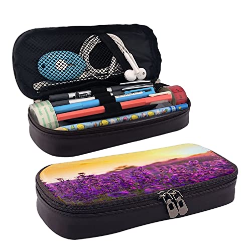 Große Kapazität Leder Federmäppchen Spa Dorf von Blumen Wasser Bad Salz Kerzen Schreibwaren Bleistift Tasche Make-up Tasche Tragbare Büro Schreibwaren Tasche für Teens Mädchen Erwachsene, lavendel, Leather pencil case, Kosmetikkoffer von ASEELO