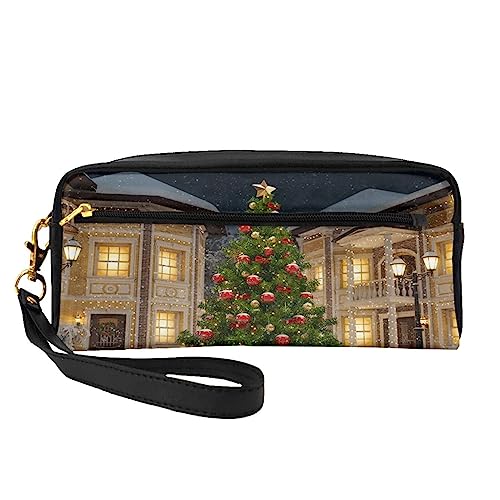 Kleine Kosmetiktasche aus Leder, Motiv: Frohe Weihnachten, Kerze, Kosmetiktasche, Geldbörse, Reise-Make-up-Tasche mit Reißverschluss für Frauen, Weihnachtsbaum, Makeup Bag von ASEELO