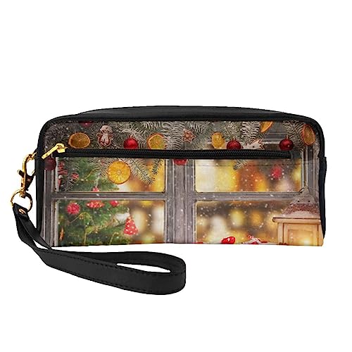 Kleine Kosmetiktasche aus Leder, Motiv: Frohe Weihnachten, Kerze, Kosmetiktasche, Geldbörse, Reise-Make-up-Tasche mit Reißverschluss für Frauen, Weihnachtsbild., Makeup Bag von ASEELO