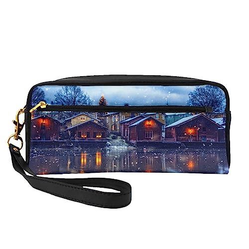 Kleine Kosmetiktasche aus Leder, Motiv: Frohe Weihnachten, Kerze, Kosmetiktasche, Geldbörse, Reise-Make-up-Tasche mit Reißverschluss für Frauen, Winterlandhaus, Makeup Bag von ASEELO