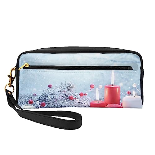 Kleine Kosmetiktasche aus Leder, Motiv: Frohe Weihnachten, Kerze, Kosmetiktasche, Geldbörse, Reise-Make-up-Tasche mit Reißverschluss für Frauen, weihnachtsmotiv, Makeup Bag von ASEELO