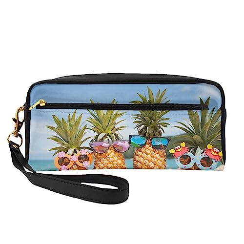 Kleine Kosmetiktasche aus Leder mit britischer Flagge, Reise-Make-up-Tasche mit Reißverschluss für Damen, Ananas Fruit Sonnenbrille Sand Beach, Makeup Bag von ASEELO