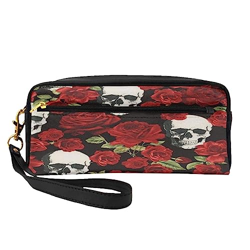 Kleine Kosmetiktasche aus Leder mit britischer Flagge, Reise-Make-up-Tasche mit Reißverschluss für Damen, Rose Skull, Makeup Bag von ASEELO