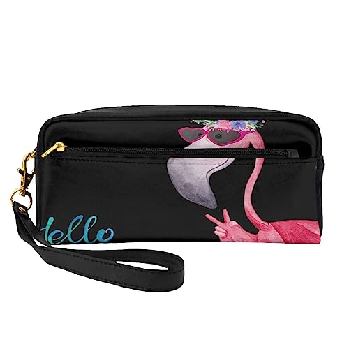 Kleine Make-up-Tasche aus Leder, Angelköder, Kosmetiktasche, Geldbörse, Reise-Make-up-Tasche mit Reißverschluss für Frauen, Hello Glasses Flamingo, Makeup Bag von ASEELO