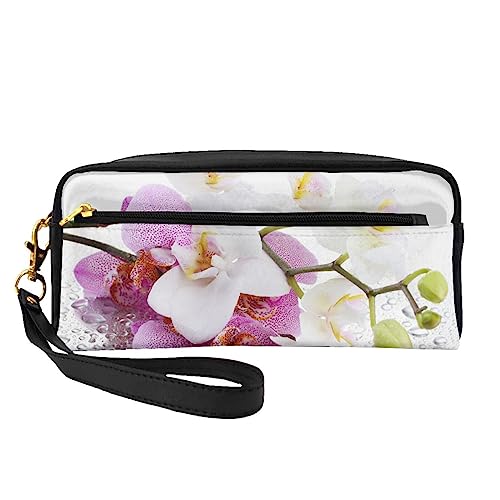 Kleine Make-up-Tasche aus Leder, Elefantenkunst auf Holz, Kosmetiktasche, Geldbörse, Reise-Make-up-Tasche mit Reißverschluss für Frauen, Rosa und weiße Blume, Makeup Bag von ASEELO