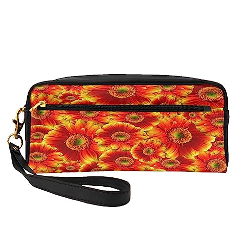 Kleine Make-up-Tasche aus Leder, Flamingo-Kosmetiktasche, Geldbörse, Reise-Make-up-Tasche mit Reißverschluss für Frauen, Orange Sonnenblume, Makeup Bag von ASEELO