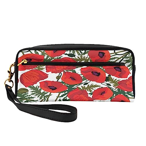 Kleine Make-up-Tasche aus Leder, Flamingos auf schwarzem Hintergrund, Kosmetiktasche, Geldbörse, Reise-Make-up, Reißverschlusstasche für Frauen, Mohnblumen-Muster, Makeup Bag von ASEELO