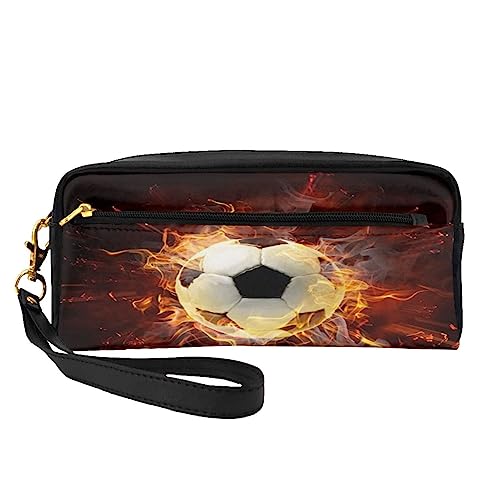 Kleine Make-up-Tasche aus Leder, Gänseblümchen-Motiv, Kosmetiktasche, Geldbörse, Reise-Make-up-Tasche mit Reißverschluss für Damen, Fire Soccer, Makeup Bag von ASEELO