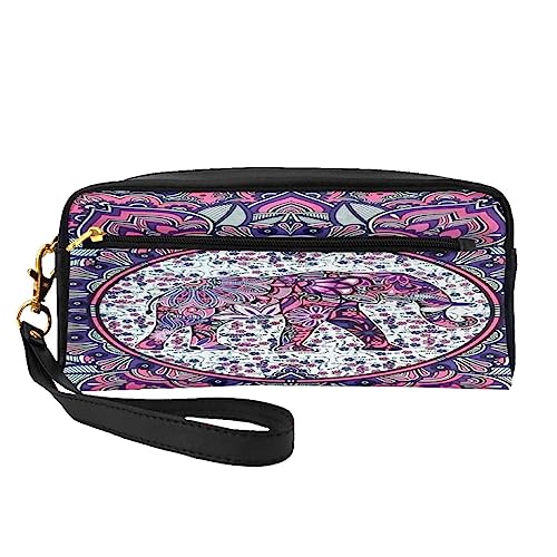 Kleine Make-up-Tasche aus Leder, Gänseblümchen-Motiv, Kosmetiktasche, Geldbörse, Reise-Make-up-Tasche mit Reißverschluss für Damen, Hippie Elefant, Makeup Bag von ASEELO