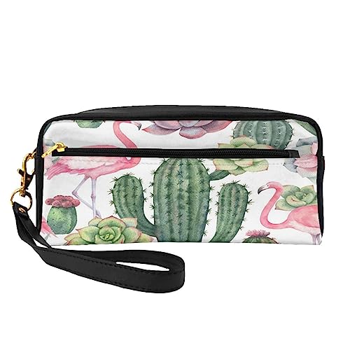 Kleine Make-up-Tasche aus Leder, Kirschrot, Kosmetiktasche, Geldbörse, Reise-Make-up-Tasche mit Reißverschluss für Frauen, Pink Flamingo Sukkulenten Pflanzen, Makeup Bag von ASEELO