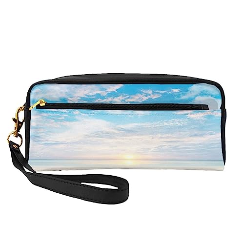 Kleine Make-up-Tasche aus Leder, Motiv: Himmel durch den Baum, Kosmetiktasche, Geldbörse, Reise-Make-up-Tasche mit Reißverschluss für Frauen, Blauer Himmel mit Sonnenaufgangsmuster, Makeup Bag von ASEELO