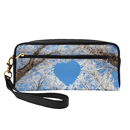 Kleine Make-up-Tasche aus Leder, Motiv: Himmel durch den Baum, Kosmetiktasche, Geldbörse, Reise-Make-up-Tasche mit Reißverschluss für Frauen, Blue Sky Winterbaum, Makeup Bag von ASEELO